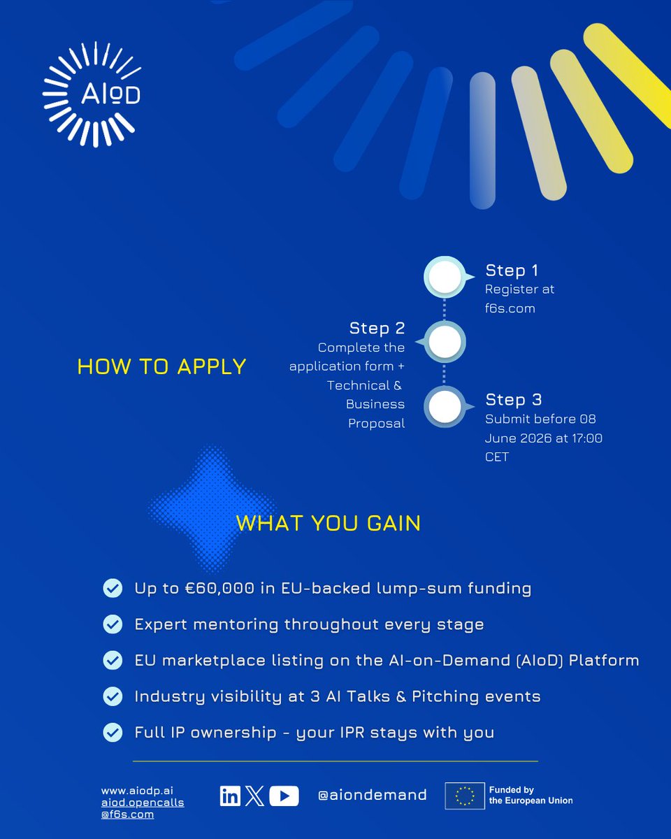 AIonDemand's tweet photo. AIoD Open Call 1 - Private Sector is open

Don’t miss Webinar 2 on 13 May (11:00–12:00 CEST), where AIoD technical components and business concept will be explained.
https://t.co/ocnF9F1SZ6 https://t.co/s80qWGBue4