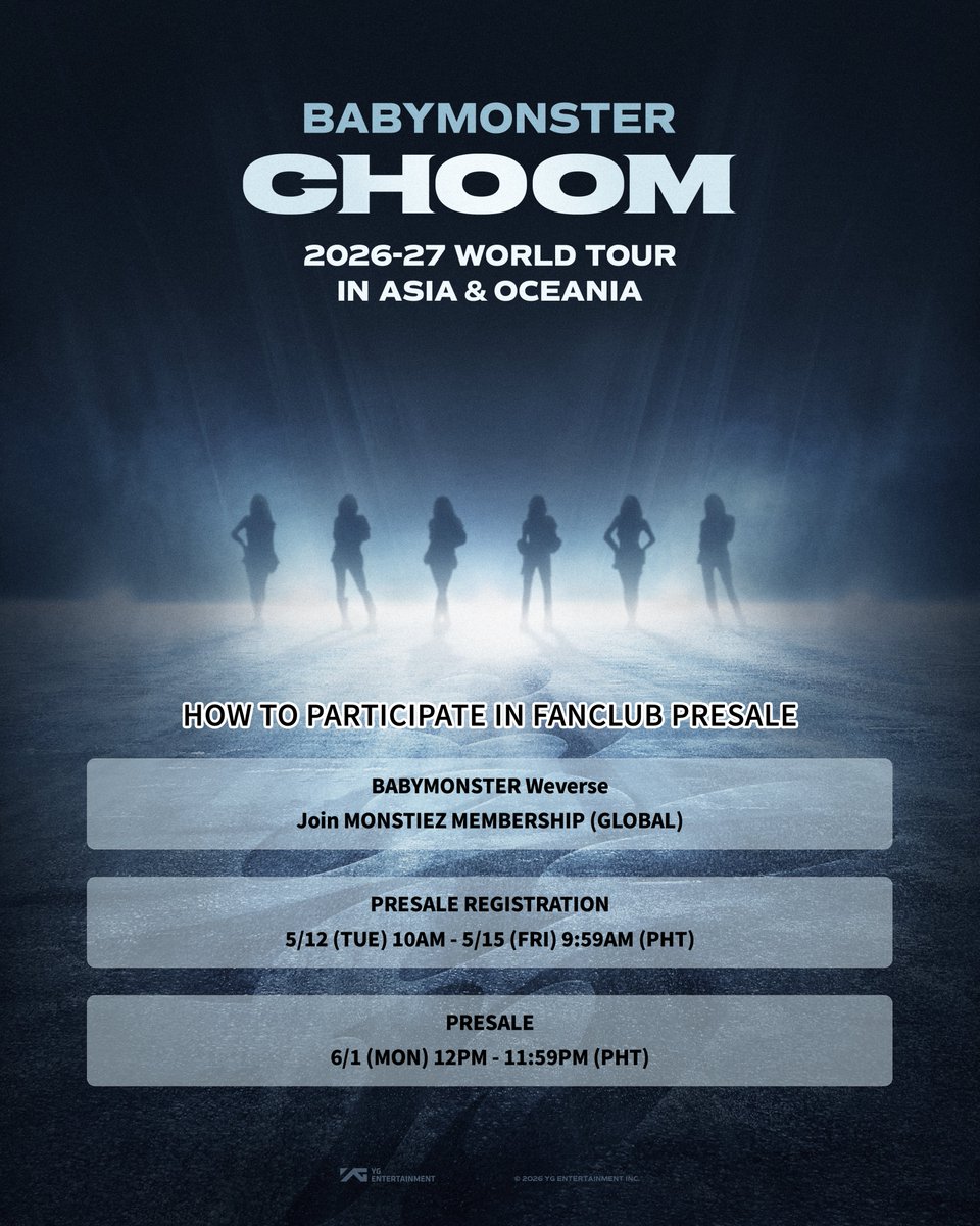 2026-27 BABYMONSTER WORLD TOUR [춤 (CHOOM)] IN MANILA

팬클럽 선예매에 참여하실 MONSTIEZ 분들께서는
참여 방법과 기간을 확인하세요!

▶ More Info
: weverse.io/babymonster/no…

#BABYMONSTER #WORLD_TOUR #춤 #CHOOM #YG