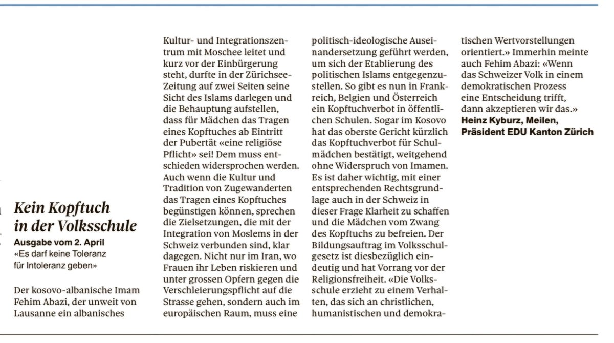 EDU_ZH's tweet photo. Keine #Toleranz für #Intoleranz. Leserbrief zur #Kopftuch-Debatte von Heinz Kyburz. https://t.co/Qh057HavoJ