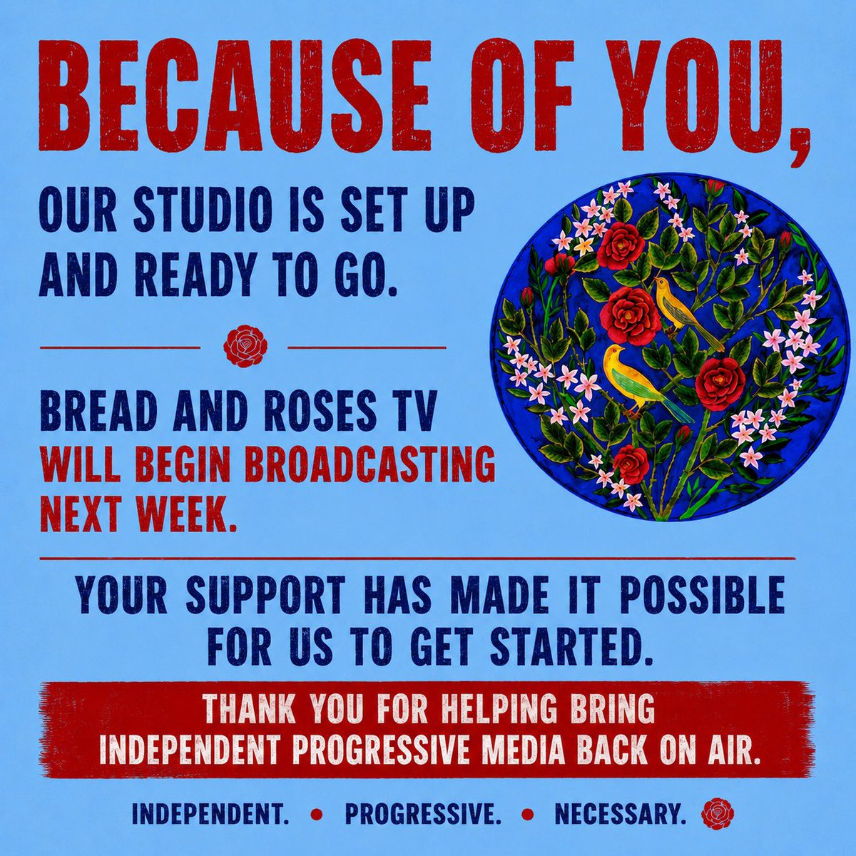 MaryamNamazie's tweet photo. We’ve raised £6,650 of £10,000 to bring Bread &amp; Roses TV back on air. 

Thanks to 74 donors who made this possible. 

Studio is now set up and we will begin broadcasting next week.

https://t.co/24bAzENLhc

@maryamnamazie @fariborz_pooya https://t.co/B1CEGkyZ9L