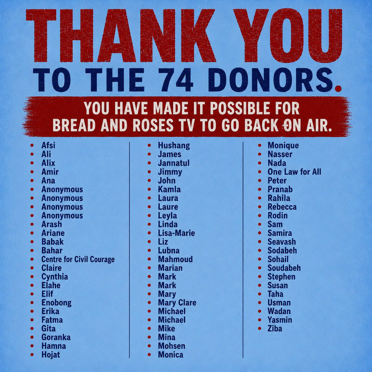 MaryamNamazie's tweet photo. We’ve raised £6,650 of £10,000 to bring Bread &amp; Roses TV back on air. 

Thanks to 74 donors who made this possible. 

Studio is now set up and we will begin broadcasting next week.

https://t.co/24bAzENLhc

@maryamnamazie @fariborz_pooya https://t.co/B1CEGkyZ9L