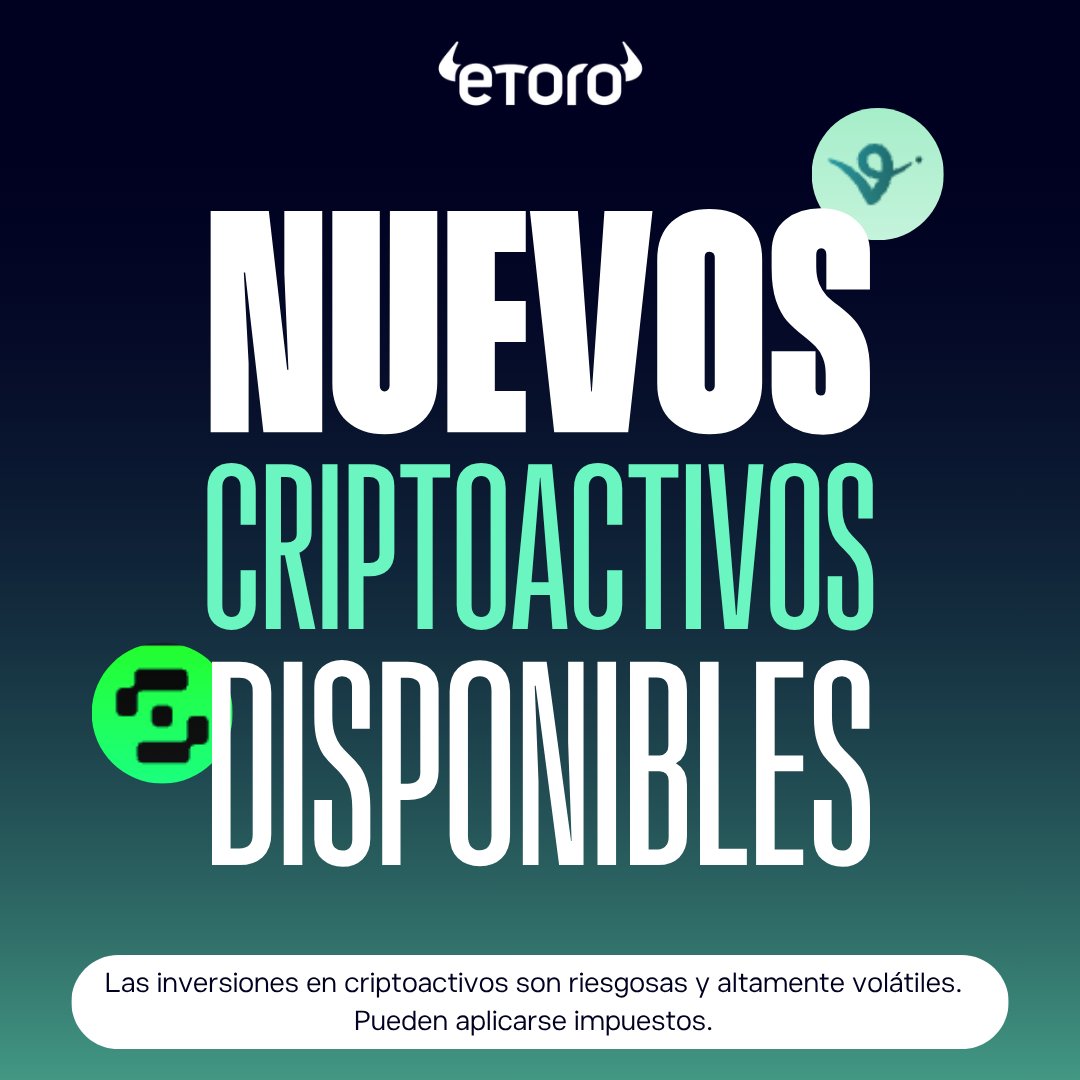 eToroLAT's tweet photo. ✨ Nueva semana, nuevas criptos en eToro.

Sumamos 19 nuevos criptoactivos.

Descubre más de 200 opciones para diversificar tu cartera y seguir de cerca el mercado.