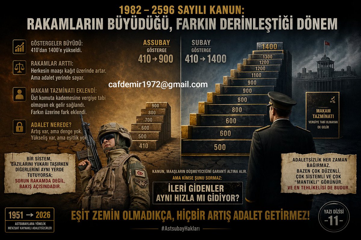 OnceKultur's tweet photo. Cafer DEMİR:
1951’DEN 2026’YA ASTSUBAYLARA YÖNELİK MEVZUAT KAYNAKLI ADALETSİZLİKLER-11

1982 – 2596 Sayılı Kanun: Rakamların Büyüdüğü, Farkın Derinleştiği Dönem.

https://t.co/jVYdOmE5sJ https://t.co/qJo61puL1B