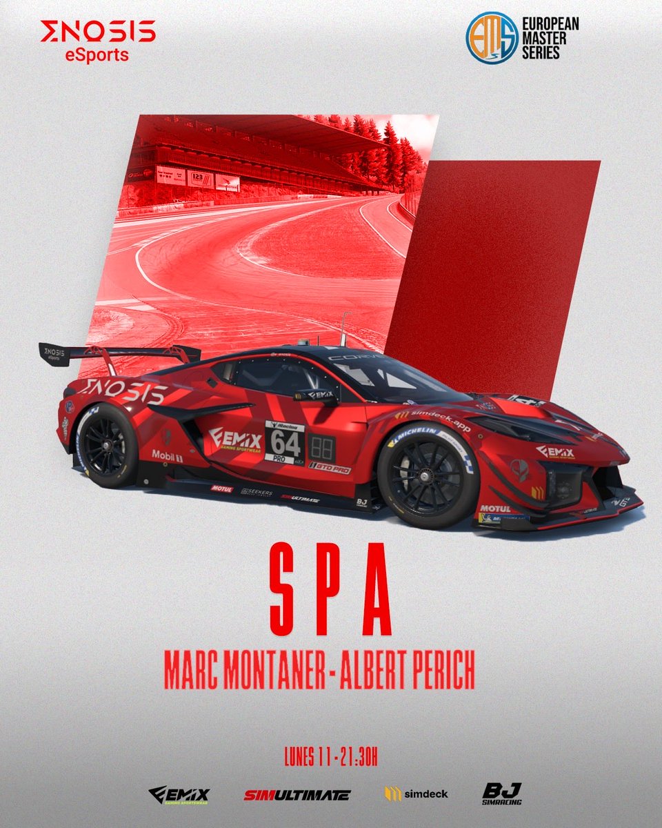 e_enosis's tweet photo. Noche de @EMS_iRacing Másters GT3🏆

Después de una semana de parón, cambiamos las subidas de Mugello 🇮🇹por las de SPA 🇧🇪

Como siempre, tendremos a @marck73_  &amp; @ABlazqu representándonos en primera división 🥇

A partir de las 22.30 📺: https://t.co/wC6uWw8dOx https://t.co/b1LPOhXgPc