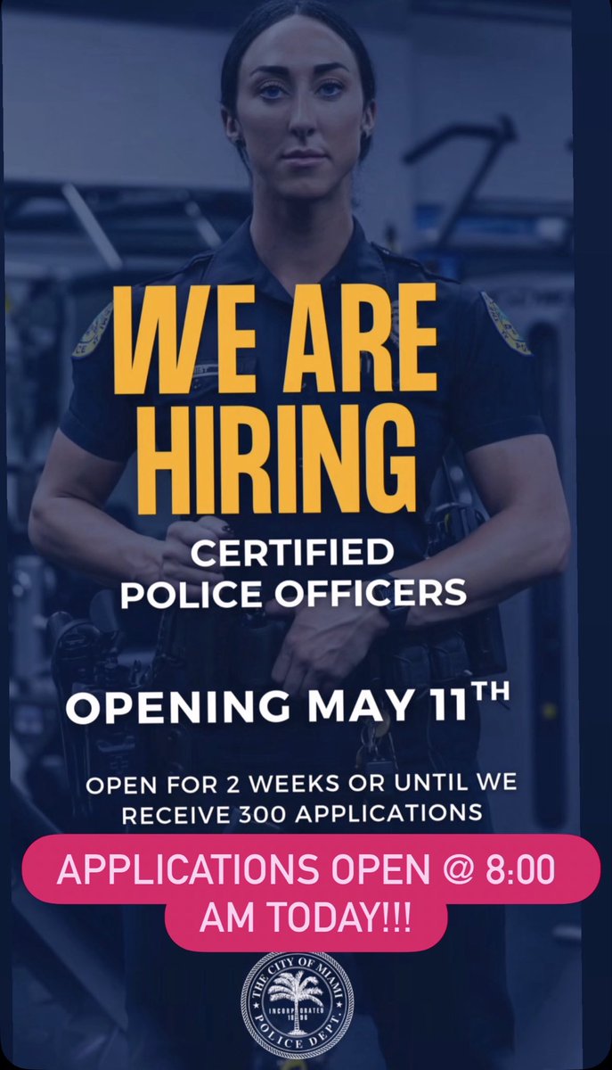 JRamirezMPD's tweet photo. 🚨 Applications open at 8 AM today! Don't miss your chance to join our Miami Police family—spaces will fill up fast ‼️ 🚨 @MiamiPD https://t.co/hMEPJ1AFZR