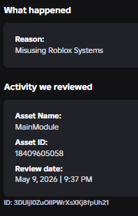 TheRawDev's tweet photo. Also i noticed that i was somehow "misusing roblox systems". I dont remember making modules that contained something bad, i only made modules to use them in require() games for fun (most of the modules were just nextbots). It probably got false flagged by ai.
- MORE IN THREAD - https://t.co/x0q6KYWvzg