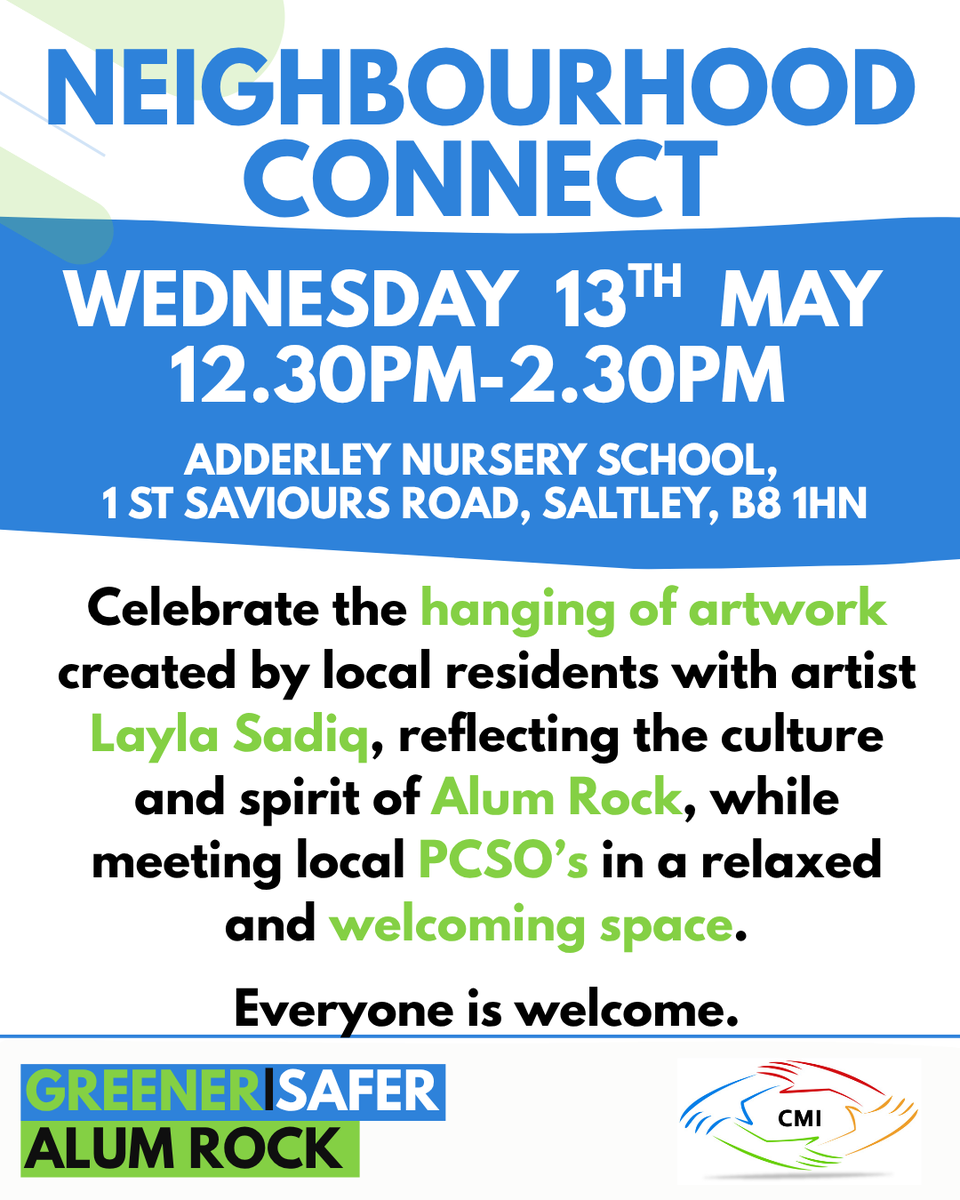 CMI2023's tweet photo. Join us at @Adderleyn  for a Neighbourhood Connect afternoon. 

View community artwork with artist #laylasadiq, celebrating the culture and spirit of Alum Rock. Meet local PCSOs from @westmidlandspolice and share your thoughts. 

Contact: 07564014263 / cmi@cmiwomen.co.uk https://t.co/giEFkVIet9