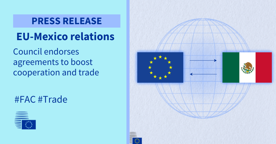 EUCouncilPress's tweet photo. ‼️@EUCouncil has authorised the signing of the EU-Mexico Modernised Global Agreement and the interim Trade Agreement

🇪🇺🇲🇽 Both deals will strengthen the EU's longstanding political and economic ties with Mexico

@CY2026EU
Read more about the agreements👇
https://t.co/EQZP3x7YlE https://t.co/He0MHSQFT4