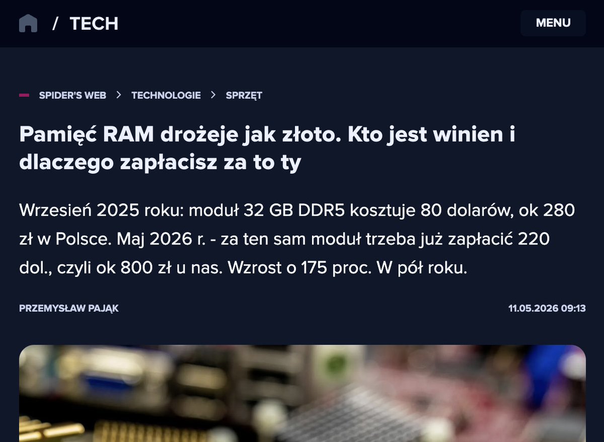 Jakub_moscicki's tweet photo. Może i AI zabierze Wam pracę, ale przynajmniej za RAM zapłacicie jak za złoto. https://t.co/G5vdYh0qbh