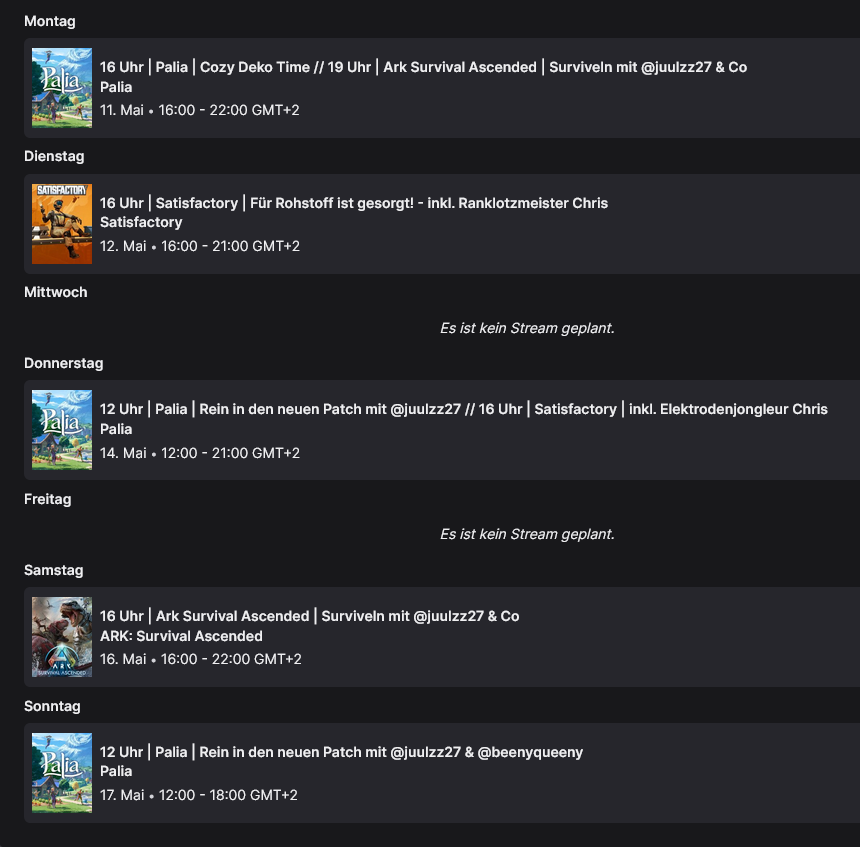 HulkHightower's tweet photo. Hallöchen ihr Lieben, wünsche euch trotz des regnerischen Wetters eine schöne &amp; entspannte Woche.  Passt auf euch auf &amp; gönnt euch etwas.😊♥️ #twitchtv #satisfactory #palia #ark - https://t.co/yKaXeqjlso  
🍔Streamplan für diese Woche (11.05.-17.05.):🍔 https://t.co/r1Tji01IOa