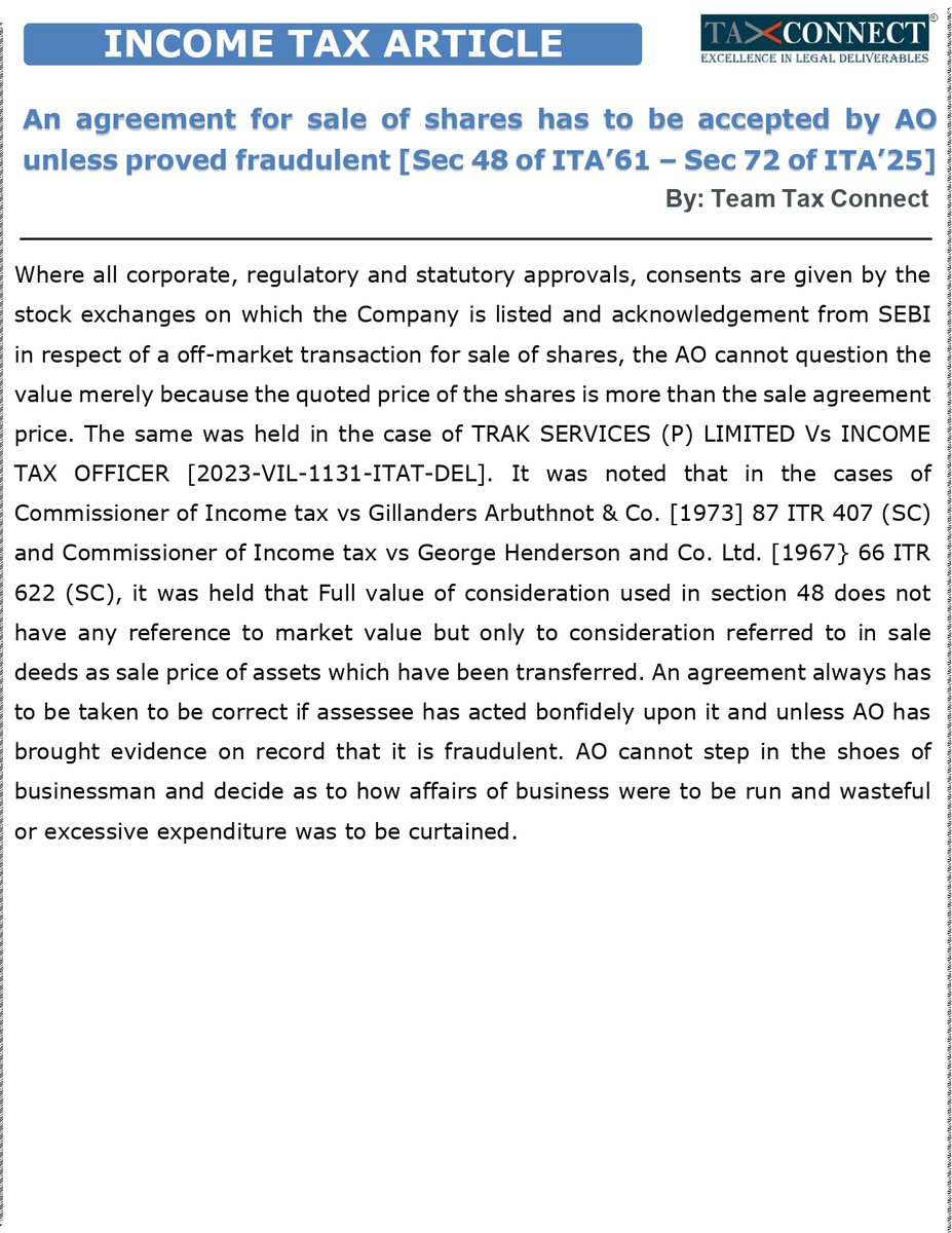 TaxConnectLLP's tweet photo. Tax Connect is pleased to share an Article on "An agreement for sale of shares has to be accepted by AO unless proved fraudulent [Sec 48 of ITA’61 – Sec 72 of ITA’25]"

Thanks &amp; Regards
@TaxConnectLLP

#AgreementForSale #ShareTransfer #incometaxact #section48 #section72 https://t.co/vGXK1KfffW