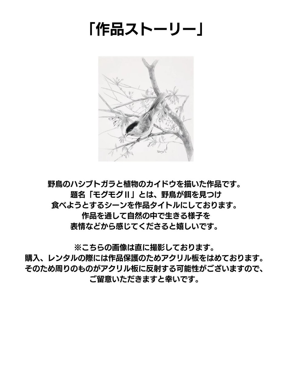 ARTELIER_OA's tweet photo. @ARTELIER_OA  👈数千点のアートに出会おう！

🎨作品紹介🎨

タイトル：モグモグⅡ

アーティスト：間嶋宏美

アーティストコメント：野鳥のハシブトガラと植物のカイドウを描いた作品です。題名「モグモグⅡ」とは、野鳥が餌を見つけ食べようとするシーンを作品タイトルにしております。作品を通して自然の中で生きる様子を表情などから感じてくださると嬉しいです。

※こちらの画像は直に撮影しております。購入、レンタルの際には作品保護のためアクリル板をはめております。そのため周りのものがアクリル板に反射する可能性がございますので、ご留意いただきますと幸いです。

サイズ：46.5cm(縦) x 36.5cm(横)

紹介作品のほか多数作品が登録されているARTELIER（アートリエ）に興味を持った方はプロフィールのリンクをチェック！

#ARTELIER #アートリエ
#アート #アーティスト #art #artist #絵 #絵画 #美術 #芸術 #アートのある暮らし #アート好きな人と繋がりたい #アート作品 #絵画販売 #アート販売
#レンタルアート #インテリア #植物 #鳥 #カイドウ #ハシブトガラ #モグモグ