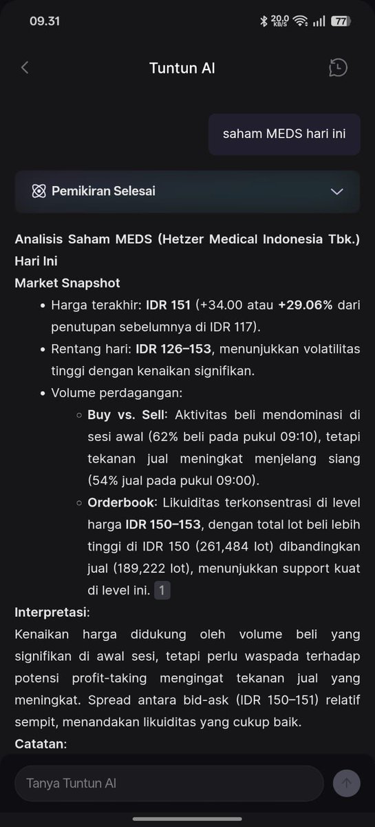 profesor_saham's tweet photo. gw baru sadar kenapa Tuntun AI bisa lebih bagus dibanding AI lainnya kalo buat saham karena datanya real-time. 

Jadi kalo tanya soal market data dll, Tuntun AI bisa lebih akurat hasilnya dan analisa gw bisa lebih cepet. https://t.co/xRTrpKdTzN