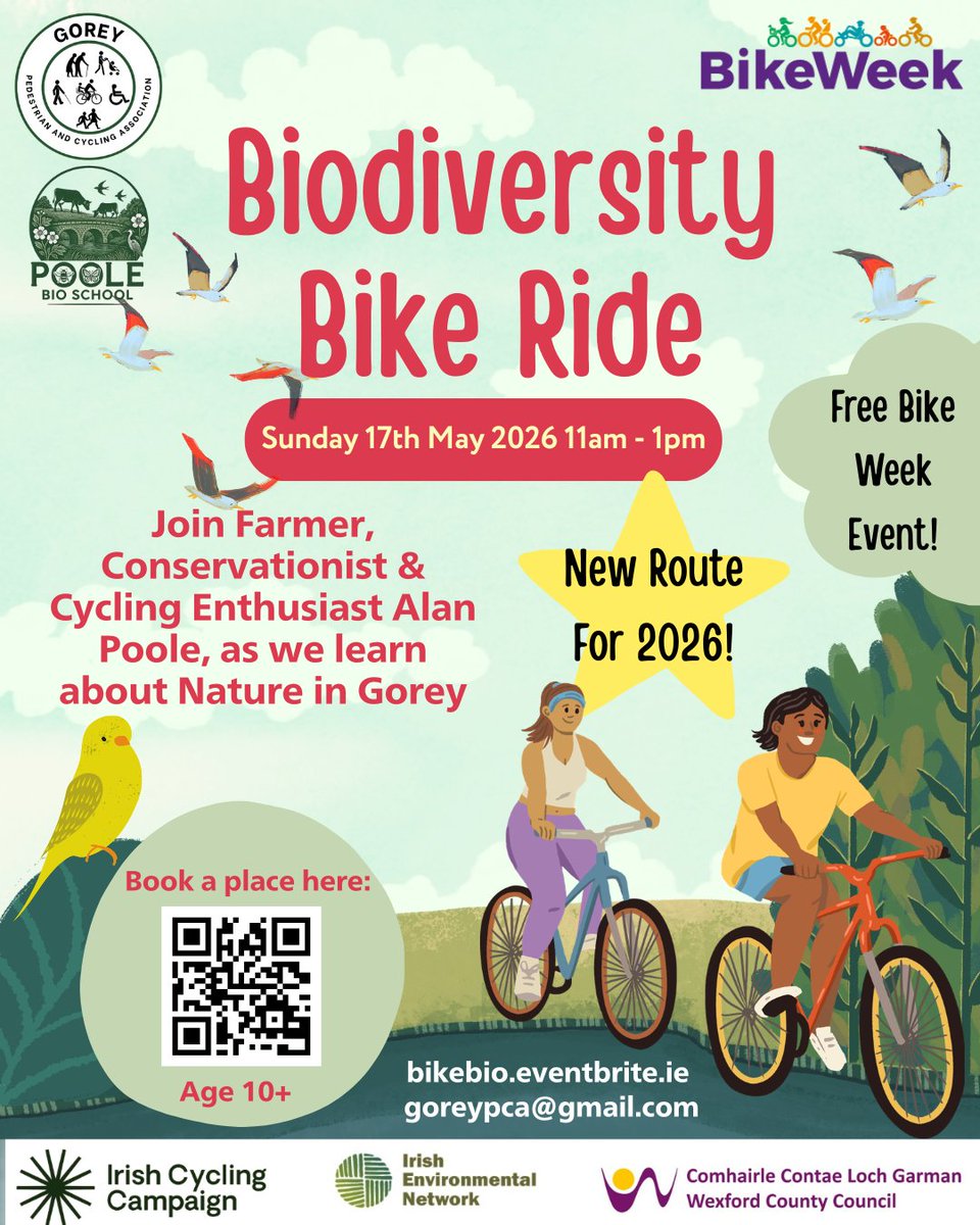 wexfordcoco's tweet photo. 🌿🚲 Biodiversity Bike Ride – Gorey Town
To celebrate the crossover between Bike Week and Biodiversity Week, Gorey Pedestrian and Cycling Association invites you to join a guided Biodiversity Bike Ride through Gorey Town.
🆕 Featuring a new route for 2026, the ride will be led by Alan Poole, a Co. Wexford dairy farmer with a passion for nature and the environment. Along the way, we’ll stop at key biodiversity sites and explore how we can both appreciate and protect the nature around us.
📅 Sunday 17th May
🕚 11am – 1pm
📍 Meeting point: Gorey Orchard (next to the fire station)
🏁 Finish: The Park — enjoy a complimentary drink from the Coffee Pod ☕
🚴 Suitable for competent cyclists aged 10+
⚙️ Difficulty: Easy to Moderate
Grab your bike, bring your curiosity, and let’s ride toward a greener, more sustainable future.