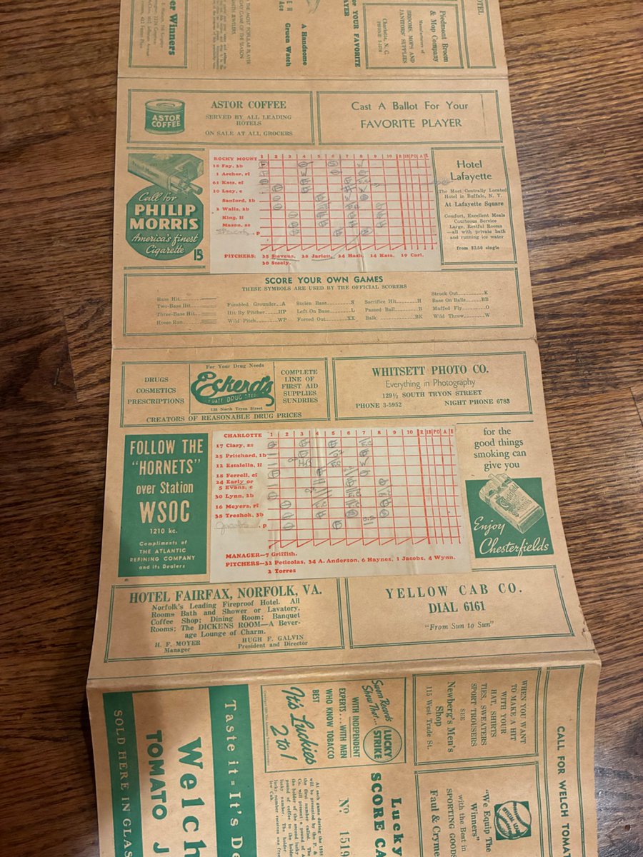 minor_baseball's tweet photo. 1938 Charlotte Hornets program
*The 1938 team finished 2nd in the regular season by 1/2 a game, but won the playoffs - beating Portsmouth 3 games to 2 in the first round and Rocky Mount 4 games to 3 in the championship series. https://t.co/BSuRN6XJLK