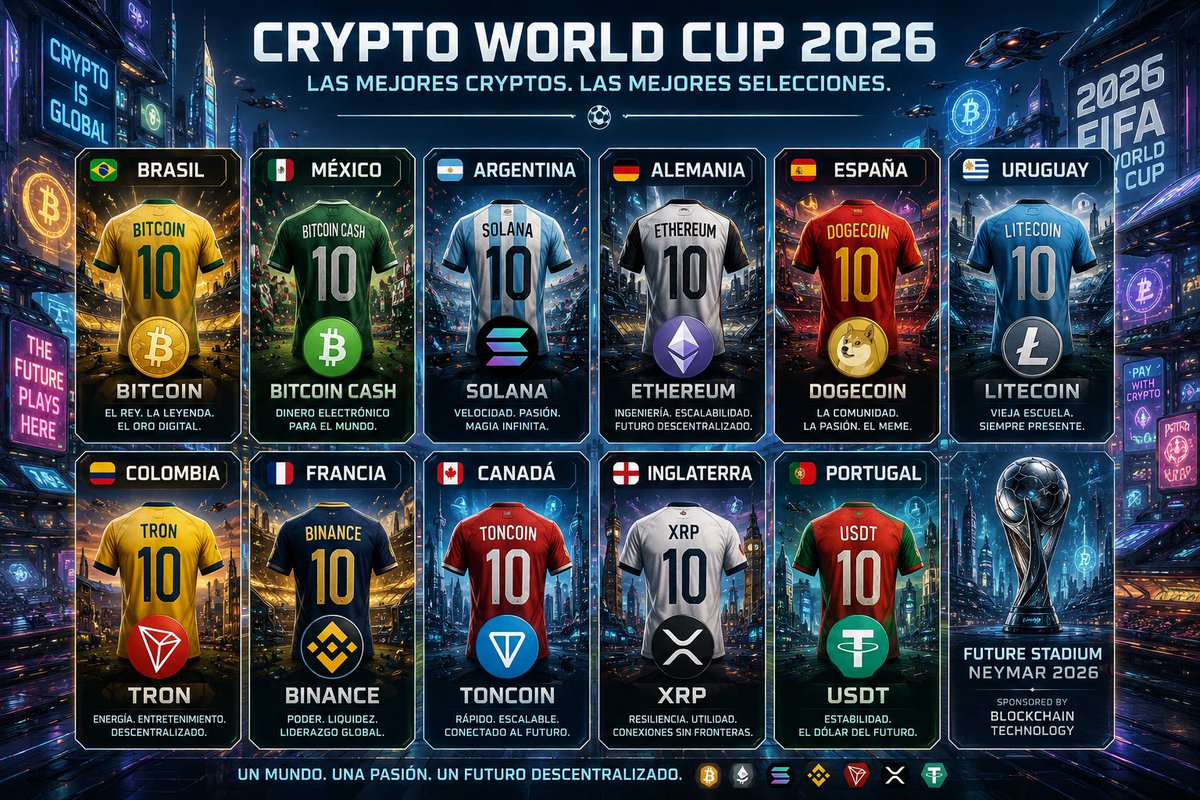 PlazayX's tweet photo. El Mundial inicia en un mes exactamente ⏳ A partir de hoy compartimos “Crypto World Cup 2026” ⚽️🏆 Una colección de 12 imágenes en donde las mejores cryptos se convierten en las mejores Selecciones 🚩 https://t.co/w0W3liFPqf