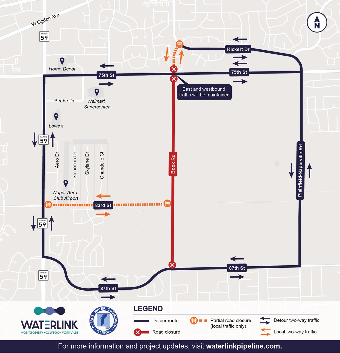 WaterLinkIL's tweet photo. Reminder: The Book Road detour extension from 83rd to 87th starts today.🚧

-Local traffic only from the west on 83rd.  
-No access from the east. 
-In place through fall. 

No changes to current detour. Local traffic only from the west on 83rd St. 

➡️ https://t.co/basXJxDPW1 https://t.co/S5zRbyyEpo