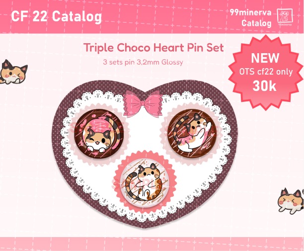 Minerva994's tweet photo. New ots item! ♡(｡☌ᴗ☌｡) 
"Tripe choco heart pin set" OTS only
📍#CF22 day 1 booth [M-02ab]

🔗 more #CF22Catalogue  #cf22catalog in pinned ^^ https://t.co/Ra3DU50cRU