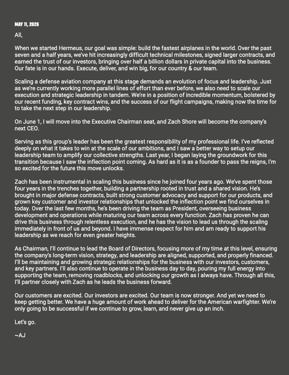AJ_Piplica's tweet photo. Just shared this note with the team: I’m moving to the Chairman seat and @Zsshore will succeed me as the next CEO of @hermeuscorp I’ve been planning this for a while and as hard as it is as a founder to pass the reigns, I’m legit stoked for the future this move unlocks. Let's go https://t.co/TUTqDdg8vP