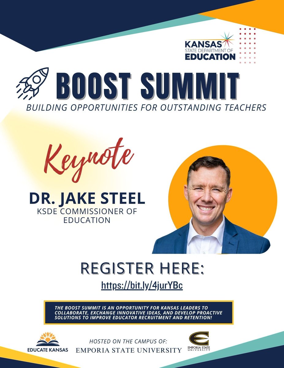 EducateKansas's tweet photo. We’re excited to welcome Kansas Commissioner of Education Dr. Jake Steel as a featured speaker for this statewide event focused on educator recruitment &amp; retention. 
📆June 29-30 @EmporiaStateUniversity 
👉Register here: https://t.co/tTGOhJ1L9e
#BOOSTSummit26 @AASPA @KSDEhq https://t.co/rSYIlqNi9U