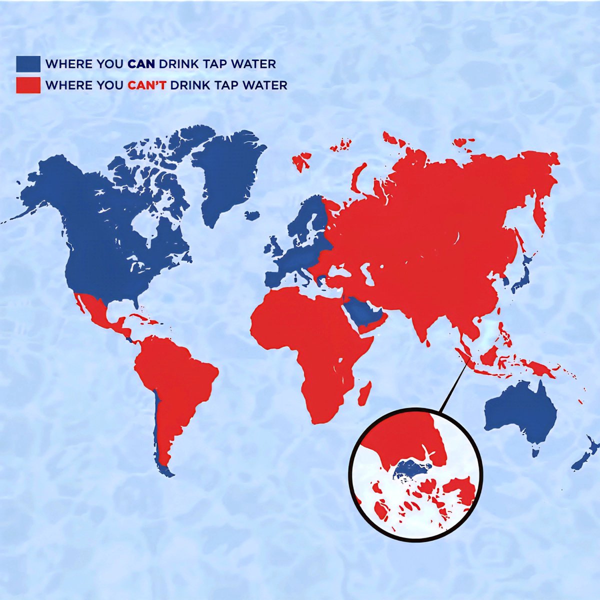 Safe Tap Water Around the World

🔵 Can Drink Tap Water
🔴 Can’t Drink Tap Water