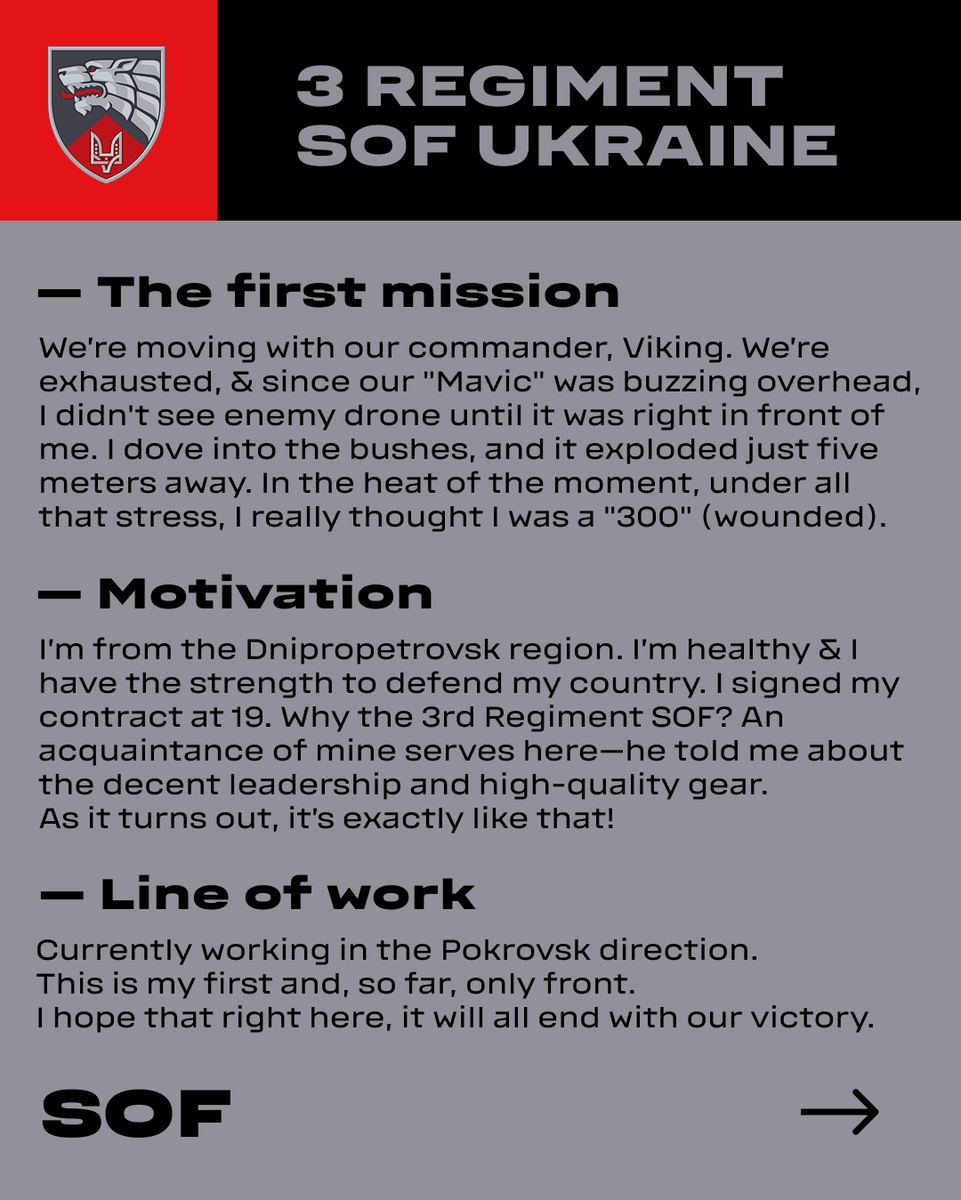 3sofua's tweet photo. His baptism by fire was a close encounter with a Russian FPV drone. "I jumped into the bushes, and it exploded five meters away. Under the stress, I thought I was a '300' (wounded)โmy legs went numb." But his helmet saved him, and he kept moving.
#SOFUkraine #SpecialForces https://t.co/jJG6O540qt