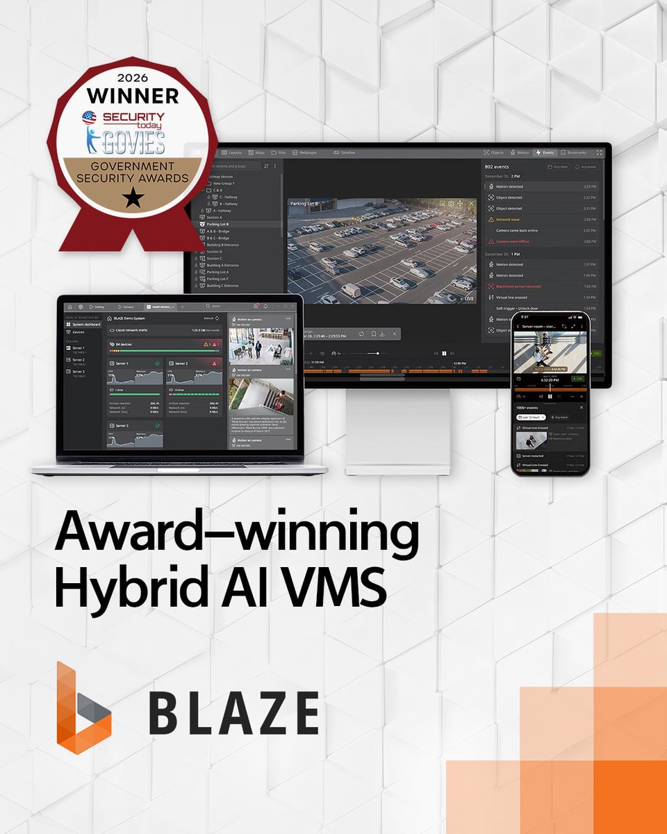 HanwhaVision's tweet photo. #HanwhaVision is proud to be recognized as a winner in the 2026 Security Today GOVIES Government Security Awards!

Category: Video Management Systems
Product: BLAZE Hybrid AI Video Management System

Learn more about BLAZE: https://t.co/wBe0B1wVah

#AwardWinning #GoviesAwards https://t.co/l58ID6cKix