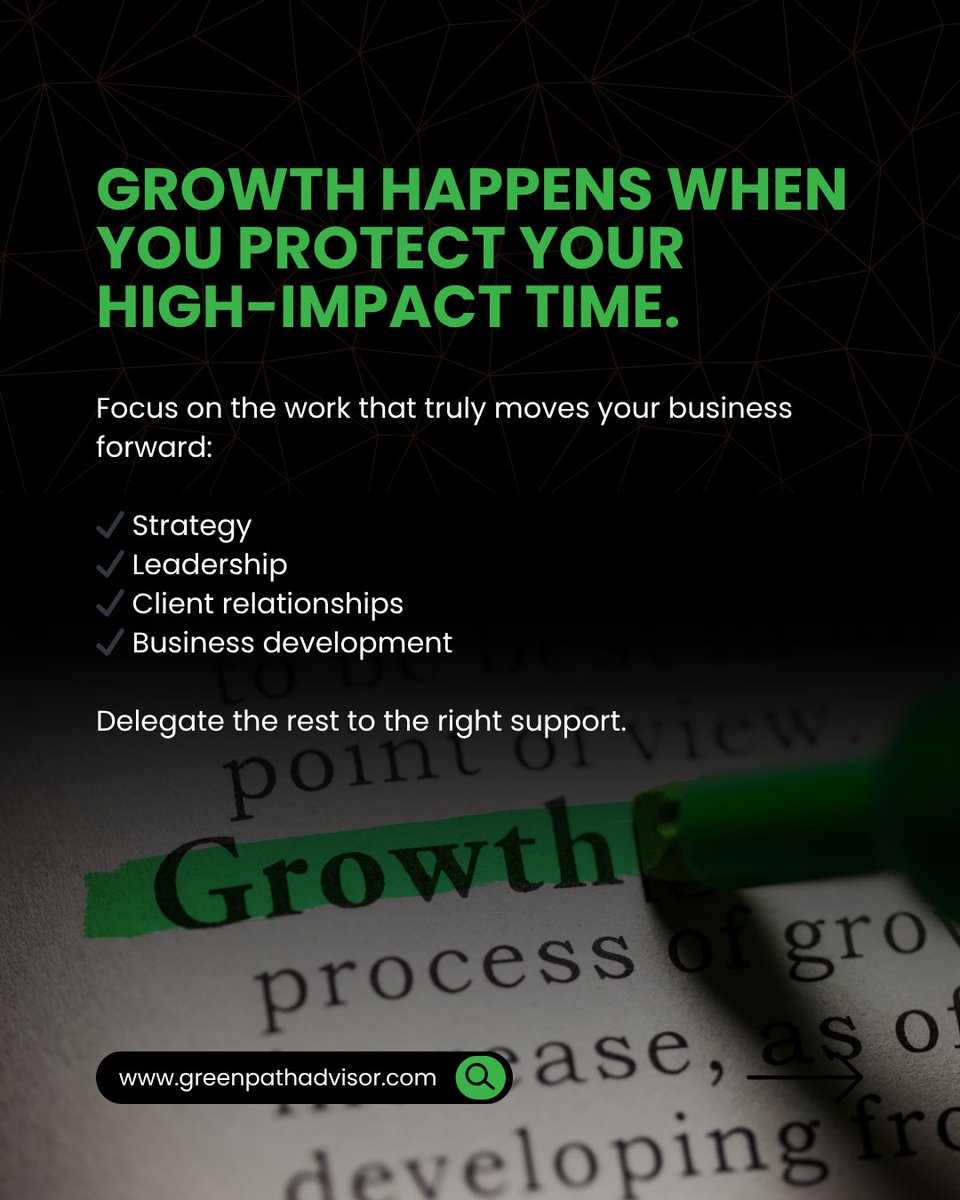 GreenpathVA's tweet photo. Most business owners don’t have a time problem.
They have a focus problem.

Too much energy goes into low-impact tasks that keep them busy—but don’t actually move the business forward.

The shift happens when you start protecting your high-value time and getting the right support for everything else.

Because growth doesn’t come from doing everything.
It comes from focusing on the right things consistently.

📩 If you’re ready to work with more clarity and less overwhelm, let’s talk.

#BusinessGrowth #TimeManagement #GreenpathAdvisors