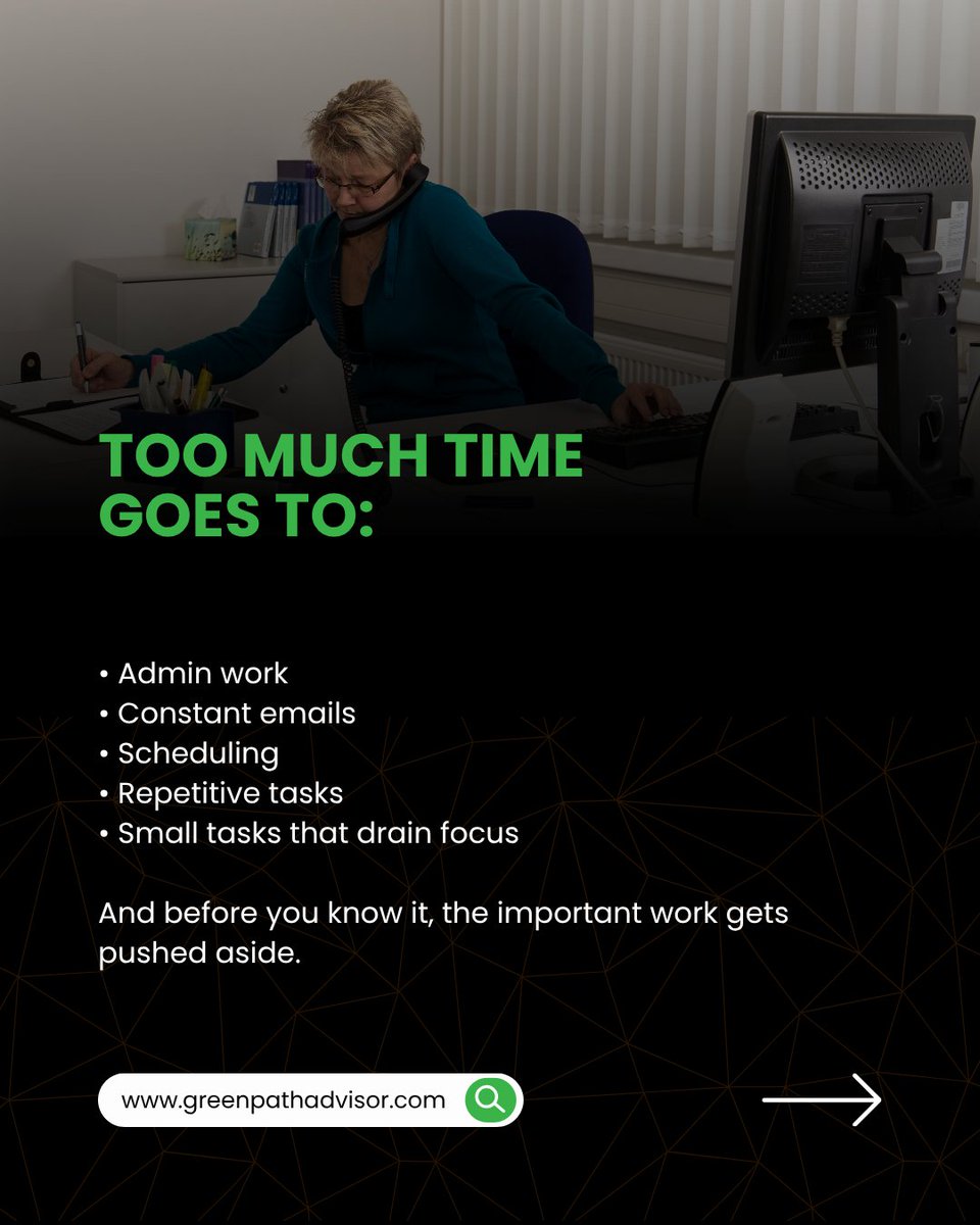 GreenpathVA's tweet photo. Most business owners don’t have a time problem.
They have a focus problem.

Too much energy goes into low-impact tasks that keep them busy—but don’t actually move the business forward.

The shift happens when you start protecting your high-value time and getting the right support for everything else.

Because growth doesn’t come from doing everything.
It comes from focusing on the right things consistently.

📩 If you’re ready to work with more clarity and less overwhelm, let’s talk.

#BusinessGrowth #TimeManagement #GreenpathAdvisors