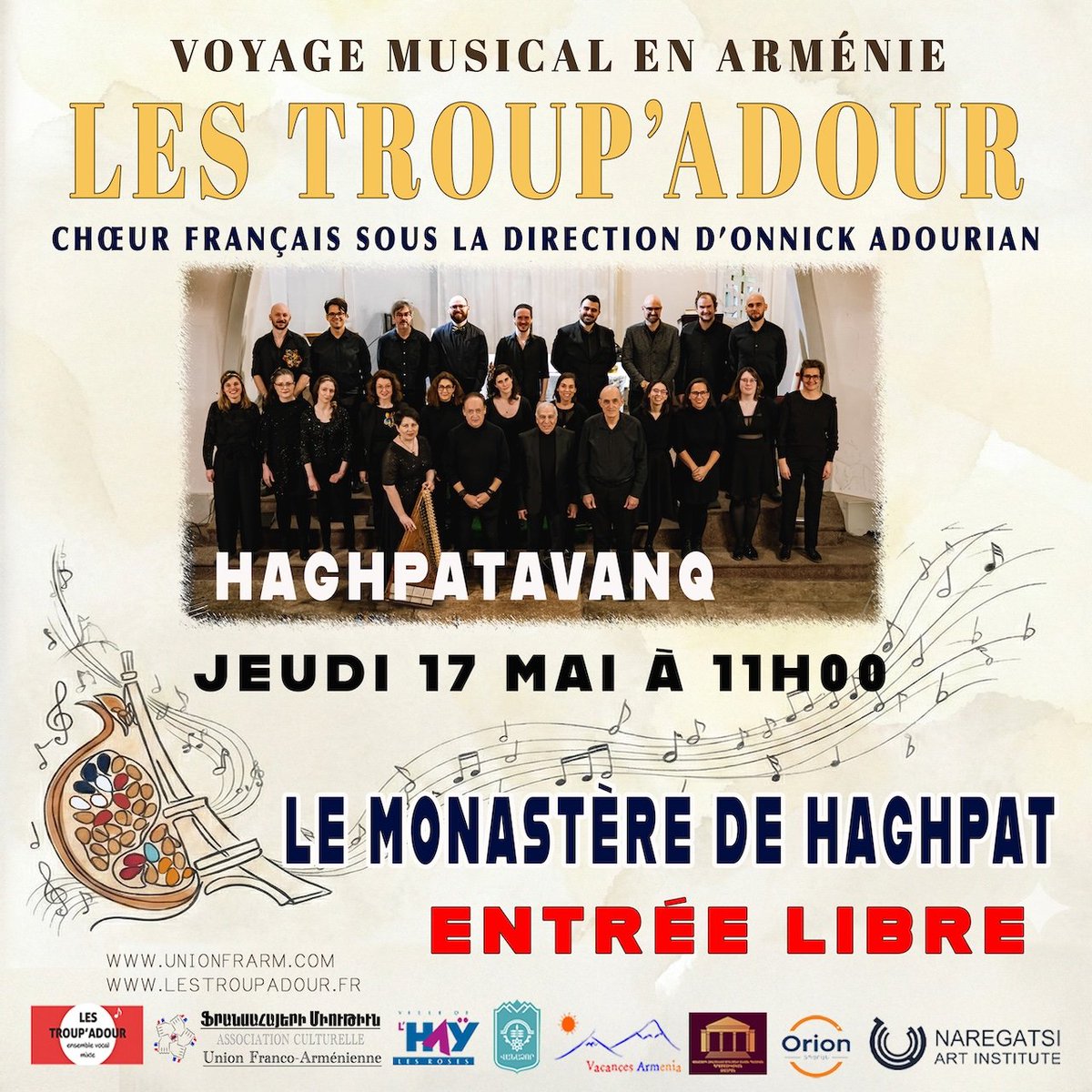 UnionFrArm's tweet photo. 🇫🇷✌🏻🇦🇲 Du 13 au 18 mai, nous serons en Arménie avec le chœur français « Les Troup’Adour », dans le cadre du projet « Maison de l’Art Franco-Arménien ». 
💛 Concert caritatif le 16 mai à Vanadzor au profit de jeunes artistes talentueux.
🎟️ https://t.co/VJ9Wqdwmge #Lori #Vanadzor https://t.co/PWT0EokJKC