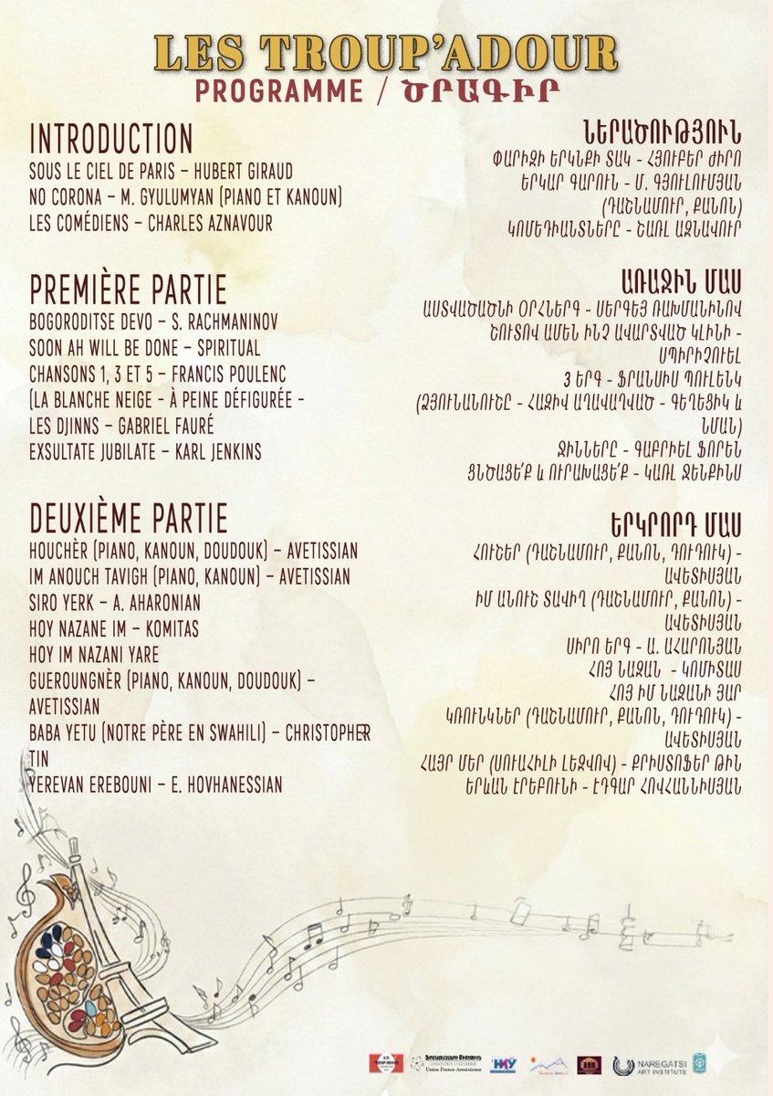 UnionFrArm's tweet photo. 🇫🇷✌🏻🇦🇲 Du 13 au 18 mai, nous serons en Arménie avec le chœur français « Les Troup’Adour », dans le cadre du projet « Maison de l’Art Franco-Arménien ». 
💛 Concert caritatif le 16 mai à Vanadzor au profit de jeunes artistes talentueux.
🎟️ https://t.co/VJ9Wqdwmge #Lori #Vanadzor https://t.co/PWT0EokJKC