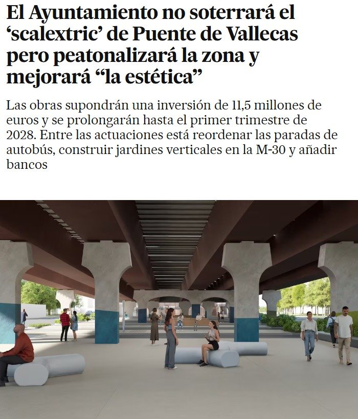 Que un ayuntamiento como el de Madrid, con un presupuesto de 6.500 millones de euros, presente este render para anunciar un proyecto de 11.5M, bajo un puente, por cierto, sin que haya mediados un concurso público de arquitectura, es una puta y absoluta vergüenza.