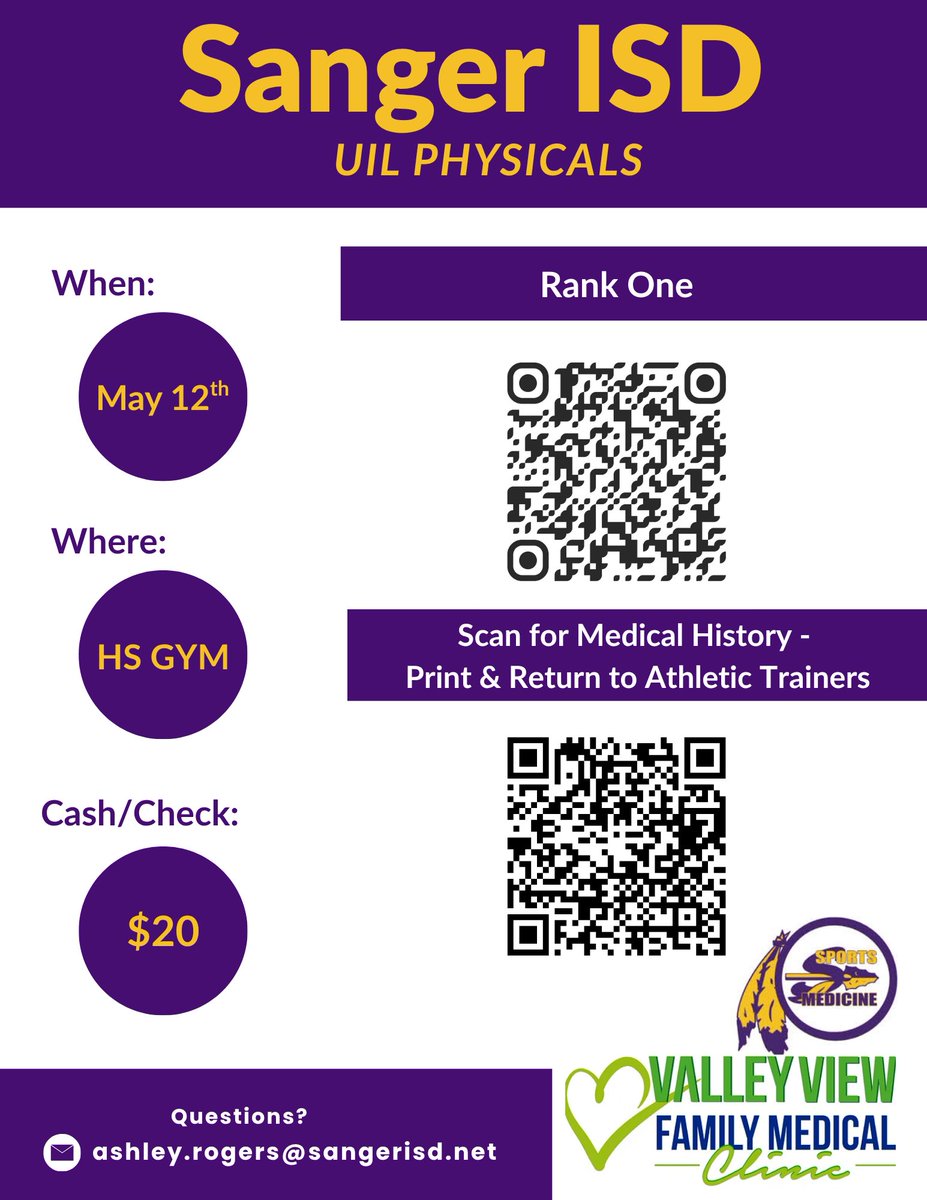 Sanger_AT's tweet photo. Physicals are TOMORROW!!! Incoming 7th-12th graders who are pariticing in UIL Athletics, Band, Cheer, and Drill Team. Please make sure your student has turned in everything they need to participate and get their physical done with us! https://t.co/BUPbu8VM5r
