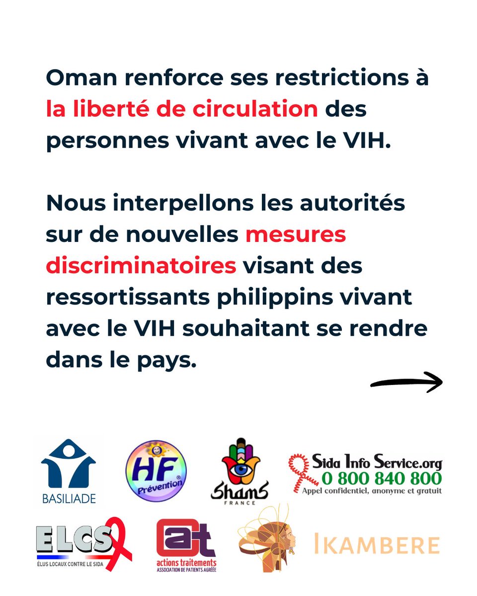 ElusContreSida's tweet photo. De plus en plus de pays entravent la liberté de circulation des personnes séropositives. Oman est le dernier exemple en date.

Nous écrivons au Sultanat d’Oman et à l’Ambassadeur de France pour dénoncer cette politique discriminatoire et sans fondement scientifique. https://t.co/6uROYdbPBx