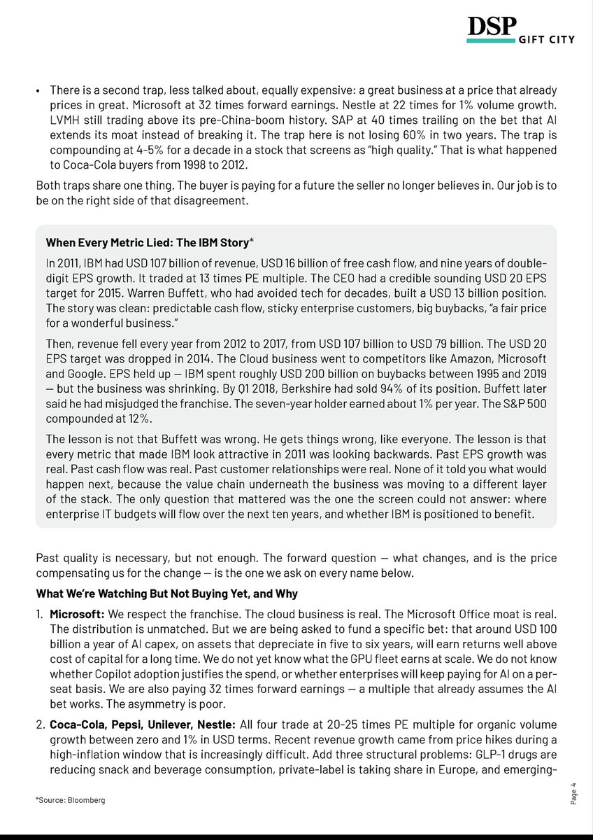 DSPGift's tweet photo. When valuations outrun fundamentals, discipline means holding cash.

Last month, we added TSMC, Nintendo, NetEase and Berkshire.

In this month’s newsletter, we cover quality traps, performance &amp; opportunities ahead.

@dspmf @Jaykothari5 @ManishRathiDSP https://t.co/yTSqxwNqKW