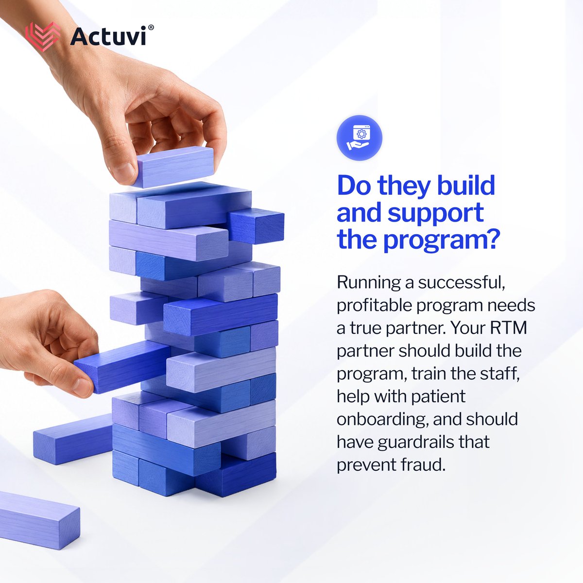 actuvi's tweet photo. Launching a Remote Therapeutic Monitoring program is easy when you have the right software partner. Make sure the vendor you select can give you a straight yes to these four questions.

For Actuvi, the answer is yes to all four.

Talk to us to launch your RTM program - https://t.co/upmTyoDslZ

4 questions to ask before selecting an RTM software partner ↓