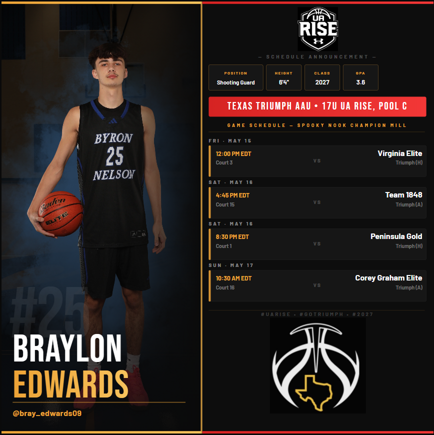 Bray_Edwards09's tweet photo. Coaches,

My schedule for this weekend at Spooky Nook for the UA Rise Session I. 
@TriumphBasketb1 https://t.co/BO7CT9hNqC
