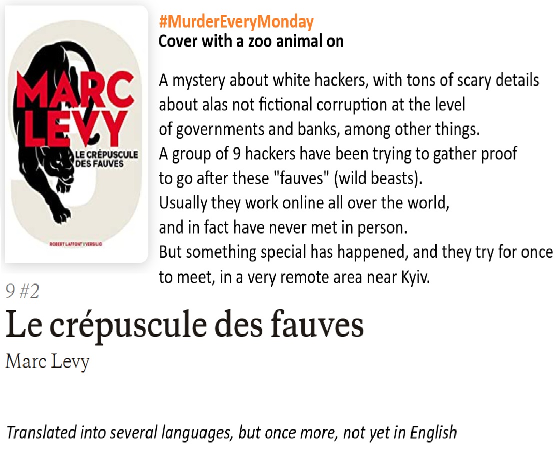 wordsandpeace's tweet photo. #MurderEveryMonday
Cover with a zoo animal on #MarcLevy https://t.co/hIyVYoOung