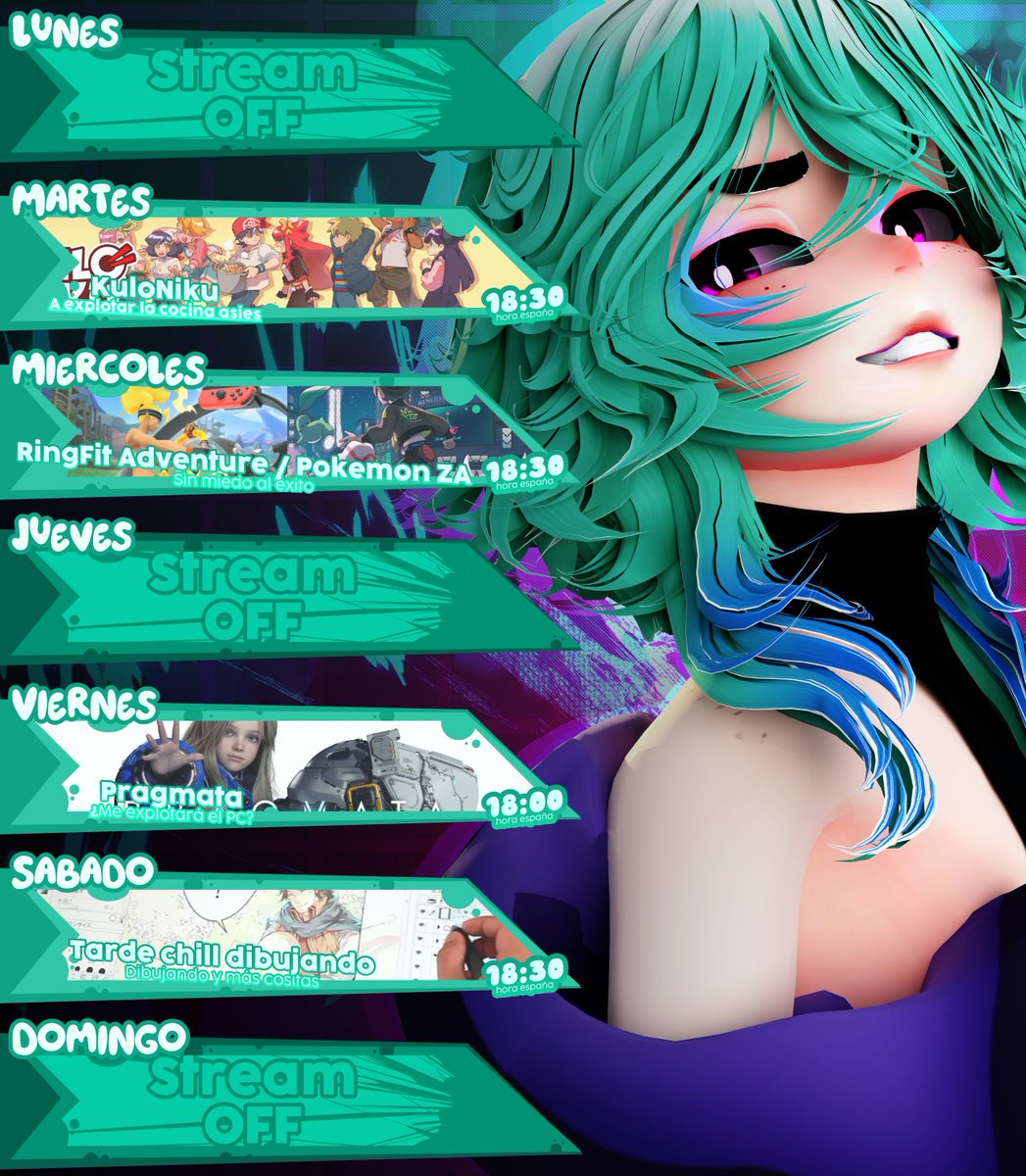 TheoMoori's tweet photo. 👽HORARIO SEMANAL👽

Este miércoles está partido ya que sigo buscando alguna forma de conseguir usar el fullbody del modelo 3D (No tengo trackers, solo la cámara del móvil) TT 

De resto esperemos que no me explote el PC probando el Pragmata el viernes ✨

Nos vemos mañana 💚 https://t.co/cnrzTidk5i