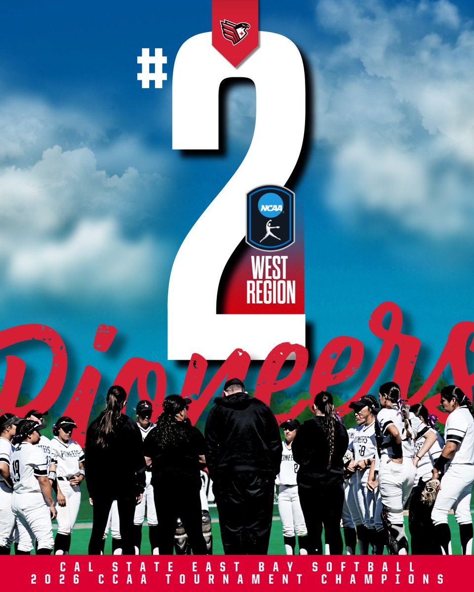 EastBayPioneers's tweet photo. 🥎: Cal State East Bay Softball lands the No. 2️⃣seed in the NCAA Division II West Region and will host!
At 41-15 overall, the Pioneers defeated No. 1️⃣Cal State San Marcos twice in the 2026 CCAA Tournament to capture the 🏆.
#bEBold | #ncaadii | #softball https://t.co/SFWKOfFhmU