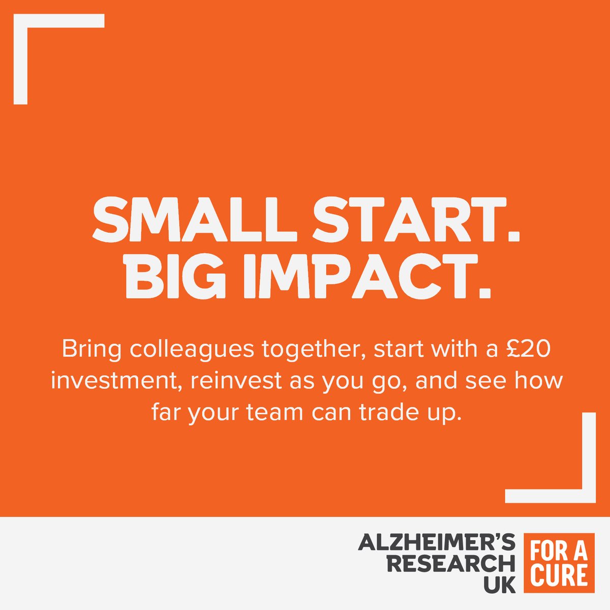 JamesAlzUK's tweet photo. 🚀 What could your team turn £20 into?
Take on the Trade Up Challenge for World Alzheimer's Month in September and grow a small investment into real impact for @AlzResearchUK .
Get creative. Get competitive. Make a difference.
Ready to trade up? https://t.co/Y8vNH3Ovpa
