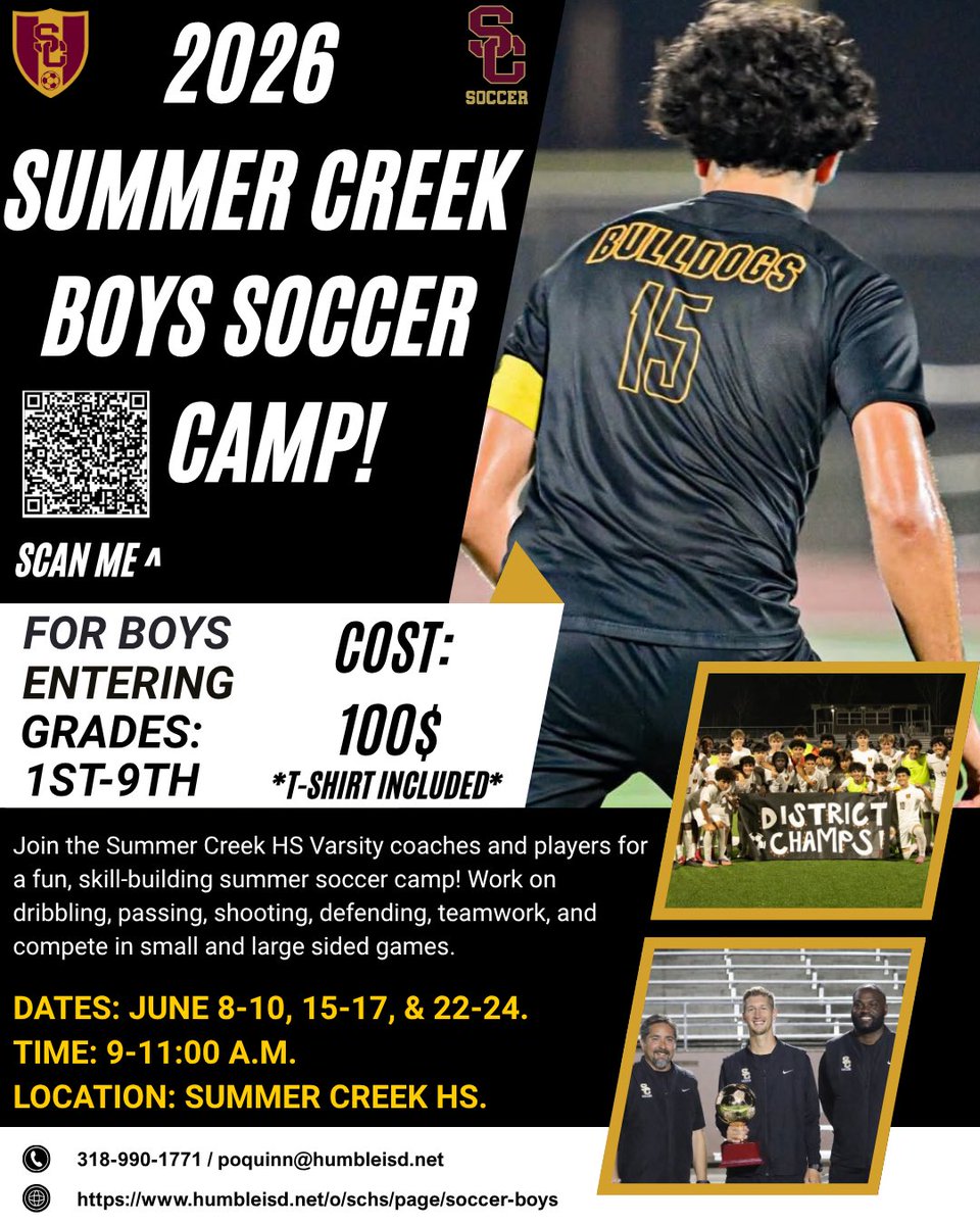 SCHSMensSoccer's tweet photo. From the State Finals to the field with YOU!⚽️ 
Don’t miss your chance to train with Summer Creek’s players and coaches this summer. Let’s get better together. #PACK 

(This camp signup is for all 3 consecutive weeks!) 

https://t.co/Jn7V6dvGlW https://t.co/8ym8KImywa