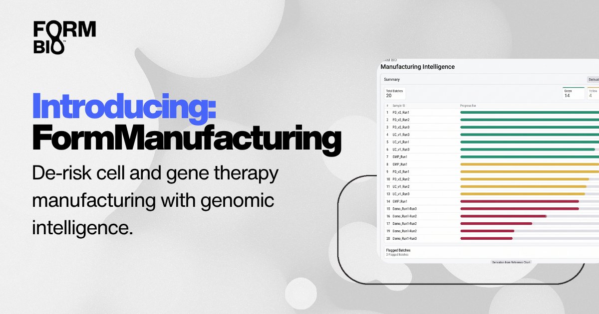 form_bio's tweet photo. Announcing FormManufacturing: Design, optimize, &amp; monitor #biomanufacturability for #geneticmedicines. #AI-driven design optimization flags risks early &amp; genomic quality &amp; comparability analytics ensures consistency. https://t.co/s8Ifc9VHDb https://t.co/3q1HSBIYKX