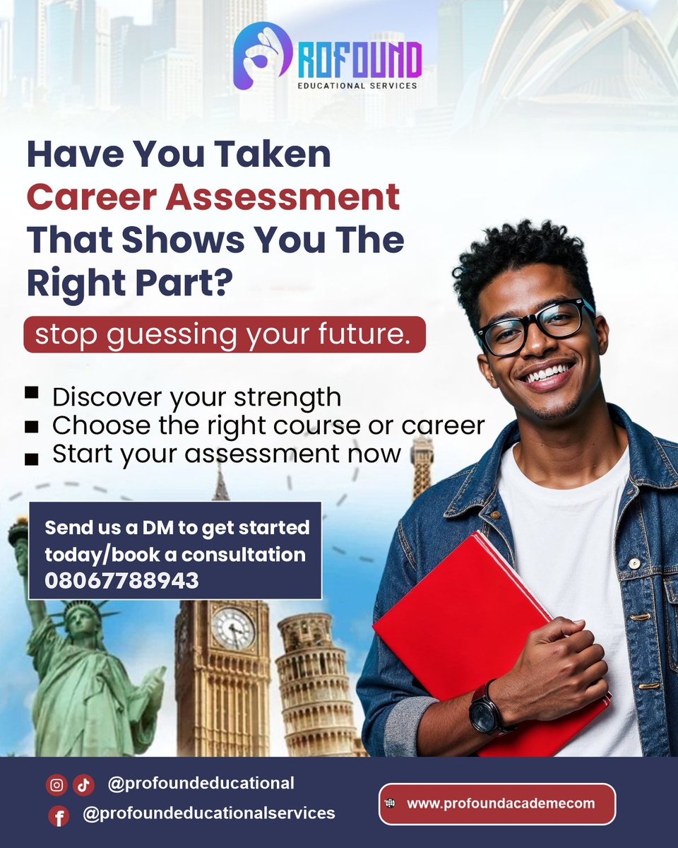 ProfoundEdu01's tweet photo. Choosing a course because “everyone is doing it” can cost you years of frustration.

A proper career assessment helps you understand your strengths and choose the right path with confidence. 

Stop guessing your future.
DM us to get started.
#CareerAssessment #StudyAbroad #Career https://t.co/oIVW0Sl7QG