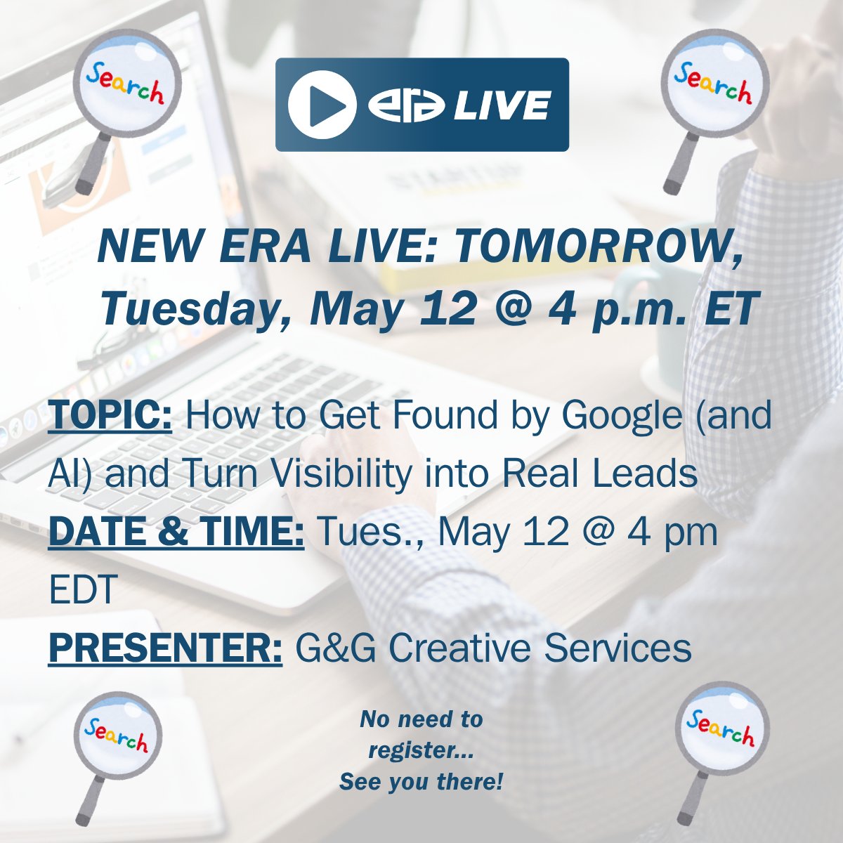 era_org's tweet photo. Join us for a new ERA LIVE tomorrow @ 4 pm ET!

G&amp;G Creative NYC will discuss how strong messaging, content and site structure/design help you get found, engage the right visitors and turn them into qualified leads.

📎 Log-in details: [https://t.co/FB0kvMK76u] https://t.co/AEivktuVZ9