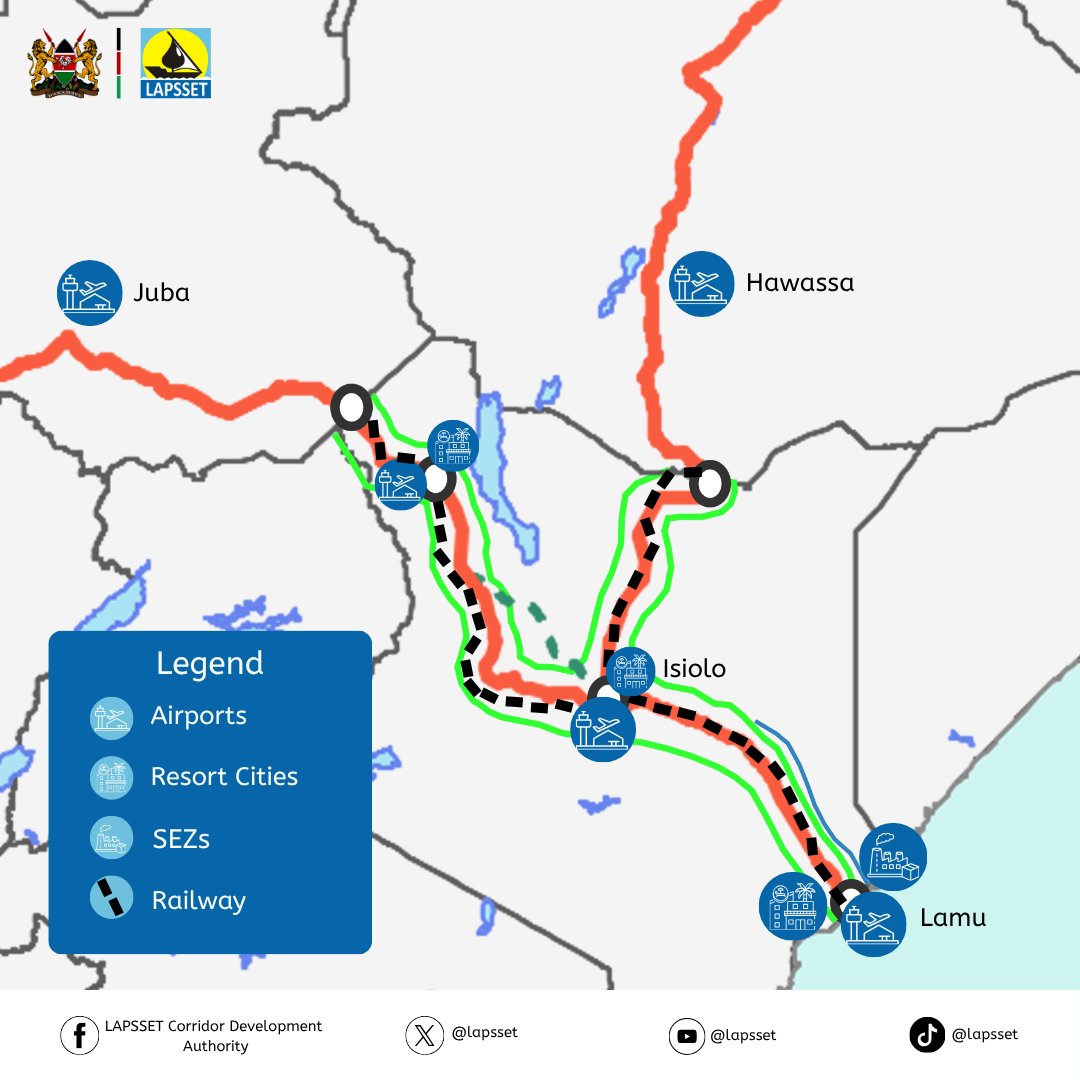 lapsset's tweet photo. The Transport Network is intended to connect:

Lamu → Isiolo → Lokichar → Juba, South Sudan 🇸🇸
Lamu → Isiolo → Moyale → Addis Ababa, Ethiopia 🇪🇹

Creating alternative Trade Routes in Eastern Africa.

#StrategicInfrastructure #GlobalTrade #TradeCorridors #LAPSSET