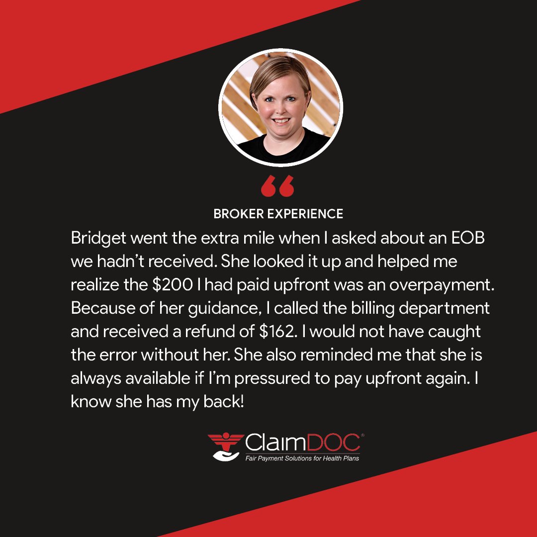 ClaimDOC_RBP's tweet photo. It's not uncommon for providers to have questions about reference-based pricing plans. That’s why strong member advocacy matters.
 
When one provider required a member to pay $200 upfront and refused to contact us, she ended up overpaying by $162. With Bridget's help, that member secured a full refund.
 
By preventing unnecessary costs, we help protect both the member experience and the value of the health plan. While $162 may seem small in the context of overall healthcare spend, our member advocates know every dollar matters. 

#WhyClaimDOC #MemberCentric #RBP
