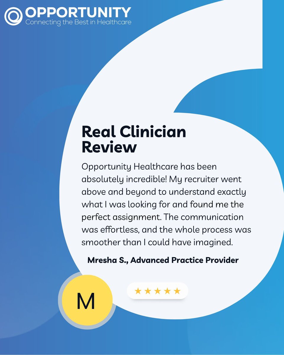 OpportunityHC's tweet photo. Real providers. Real results. We don’t just place—you’re heard, supported, and matched with jobs that truly fit. ⭐⭐⭐⭐⭐

See why Advanced Practice Providers choose Opportunity Healthcare. https://t.co/hbZNqrz4iT