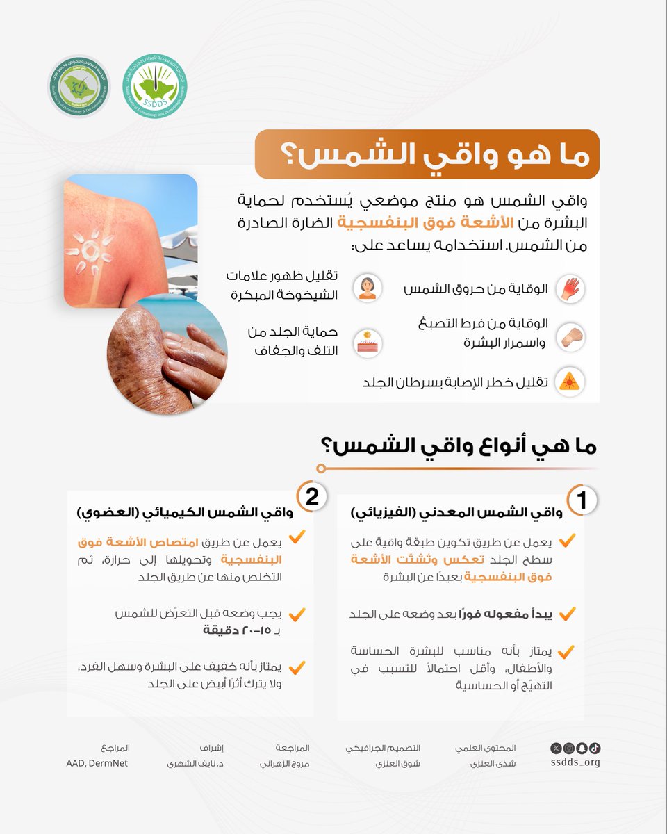 ssdds_org's tweet photo. استخدام واقي الشمس ضروري لحماية البشرة من الأشعة فوق البنفسجية، والوقاية من حروق الشمس، سرطان الجلد، والشيخوخة المبكرة للجلد. ☀️🧴
خلال شهر التوعية بسرطان الجلد، لا تنسى استخدام واقي الشمس يوميًا لتحمي بشرتك. 💛
#SSDDS
#الجمعية_السعودية_لأمراض_وجراحة_الجلد
#SkinCancerAwarenessMonth
#UnitedForSkinHealth