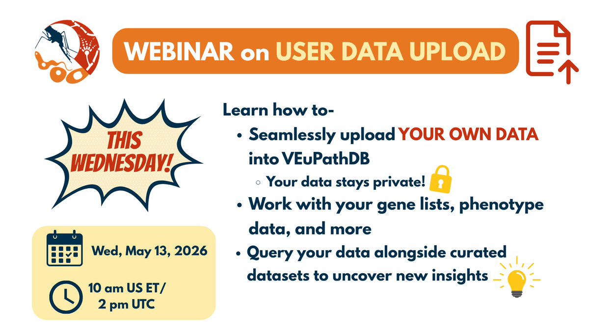 veupathdb's tweet photo. 📣 Reminder! Our webinar THIS WED, May 13, 2 pm UTC will demonstrate how to upload ✨your own✨ gene lists, phenotype data, etc. privately to @veupathdb @fungidb @VectorBase  and query it alongside our vast, curated resources.

Register today: https://t.co/ylMSoycaRh https://t.co/gBLjNLKNfs